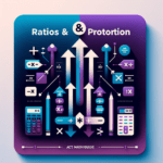 ACT Math ratios and proportions guide showing direct proportion formula (x₁/y₁ = x₂/y₂) and inverse proportion formula (x₁·y₁ = x₂·y₂) with purple and blue gradient background for grades 9-10 students
