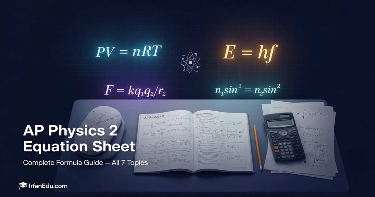 AP Physics 2 Equation Sheet — Complete Formula Guide covering thermodynamics, electrostatics, optics and modern physics